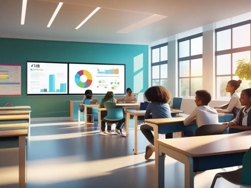 Un espacio de aprendizaje moderno y lleno de energía, donde los estudiantes disfrutan de los beneficios del Aprendizaje Basado en Proyectos Digitales
