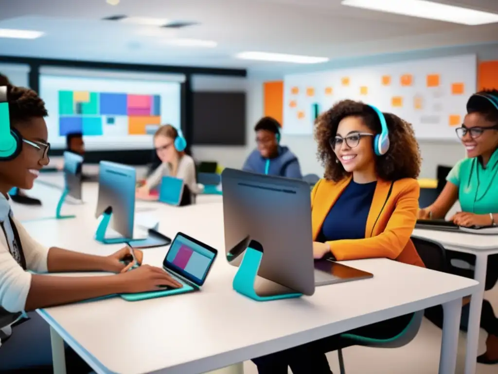 Inspiración y creatividad en un aula moderna de diseño gráfico online Un espacio de aprendizaje vibrante y cautivador con estudiantes usando herramientas online para diseño gráfico