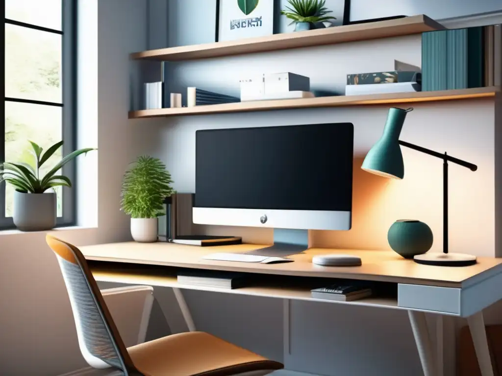 Un espacio de estudio en casa vibrante y detallado con una elegante mesa blanca, un gran monitor y una organización impecable