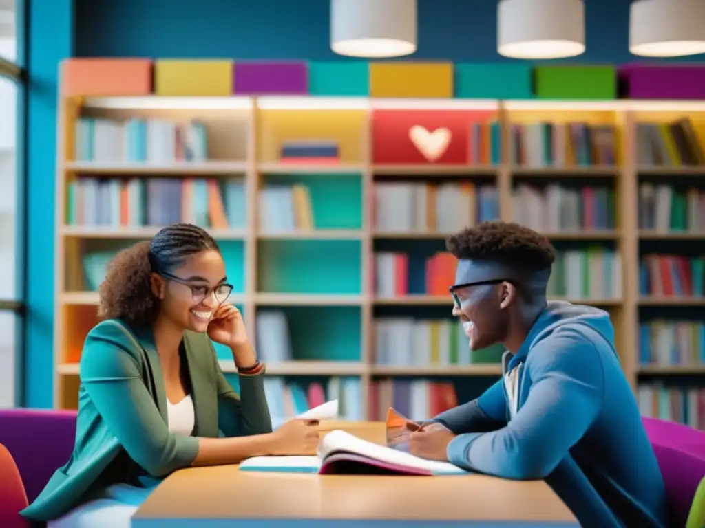 Impulso académico: Estudiantes colaborativos en un espacio moderno y vibrante Un espacio de estudio lleno de vida y modernidad, donde dos estudiantes colaboran en tutorías personalizadas