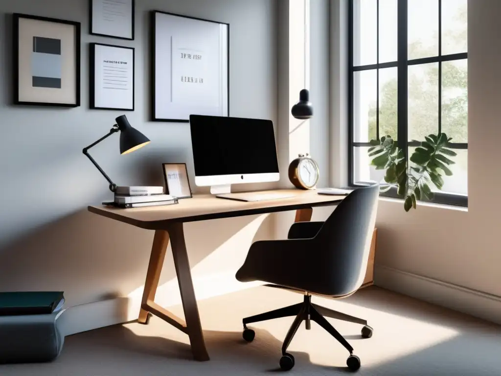 Un espacio de estudio organizado y moderno para potenciar tu productividad Un espacio de estudio moderno y ordenado con escritorio elegante, silla ergonómica y laptop minimalista