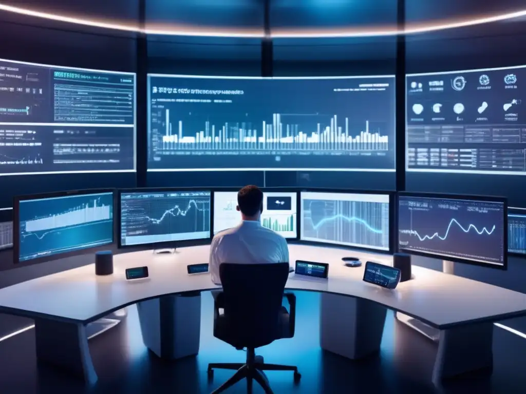 Un espacio futurista, donde expertos en Control Predictivo Automatización Industrial monitorean y analizan datos en paneles y pantallas avanzadas