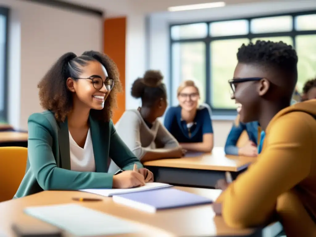 Un espacio lleno de luz y colaboración, donde un tutor sonriente guía a jóvenes motivados en tutorías especializadas en resiliencia juvenil