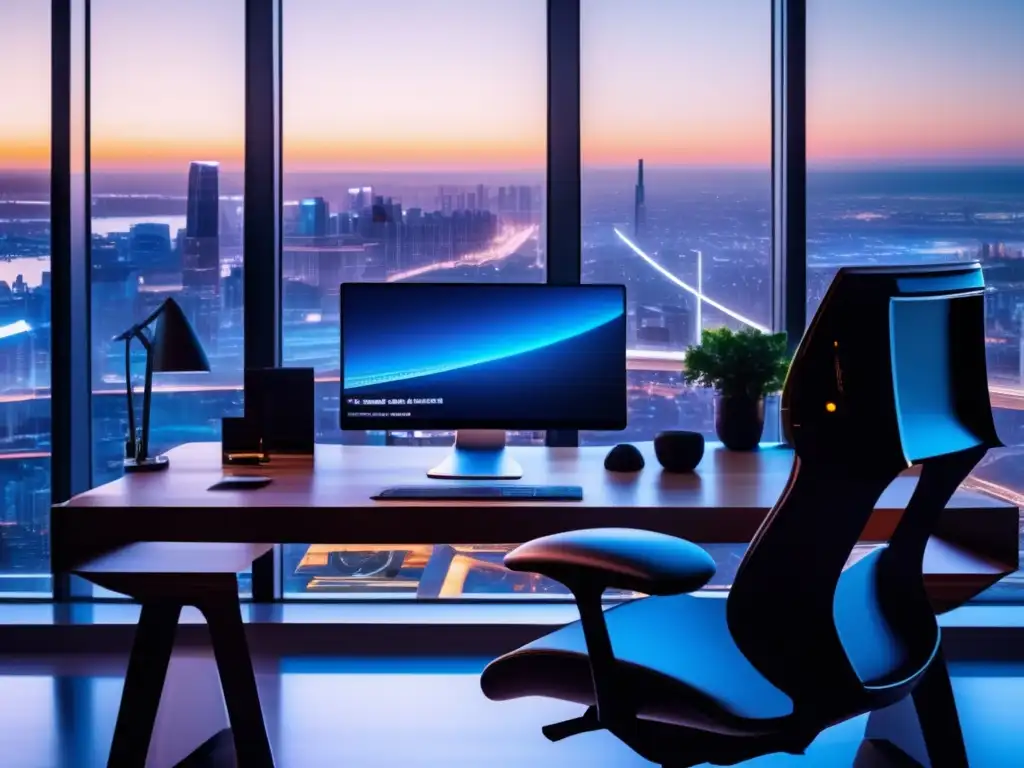 Un espacio de trabajo moderno con una elegante mesa de madera pulida rodeada de amplios ventanales que ofrecen una vista panorámica del horizonte de la ciudad al atardecer