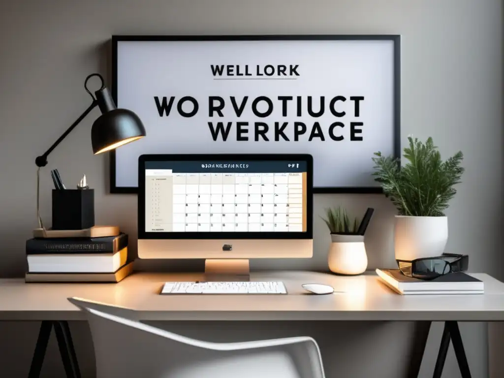 Espacio de trabajo moderno y organizado para estudiantes exitosos Un espacio de trabajo moderno y organizado con una elegante mesa, laptop, cuaderno y herramientas de productividad