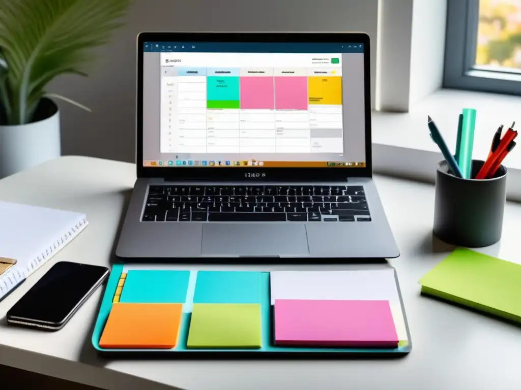 Un espacio de trabajo organizado con elegancia y eficiencia Un espacio de trabajo vibrante y moderno con una laptop elegante, notas adhesivas coloridas y una organización impecable