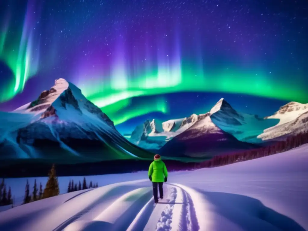 Un espectáculo impresionante de auroras boreales verdes y moradas sobre un paisaje nevado