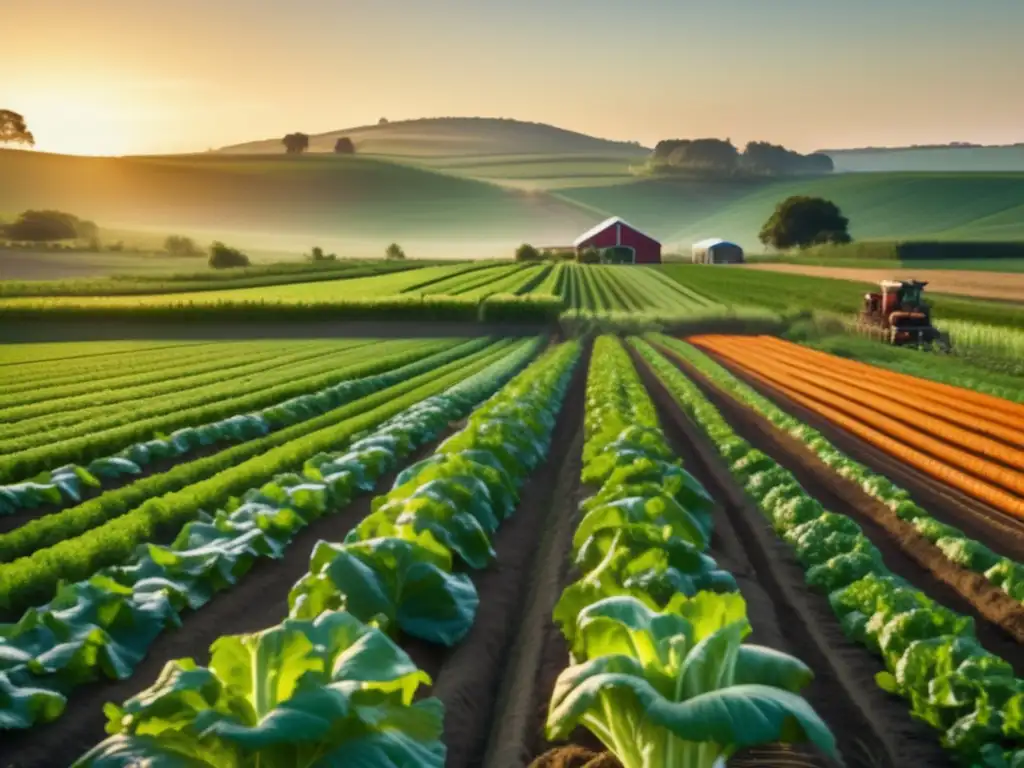 Un espléndido campo orgánico bañado en luz dorada muestra cultivos saludables y vibrantes