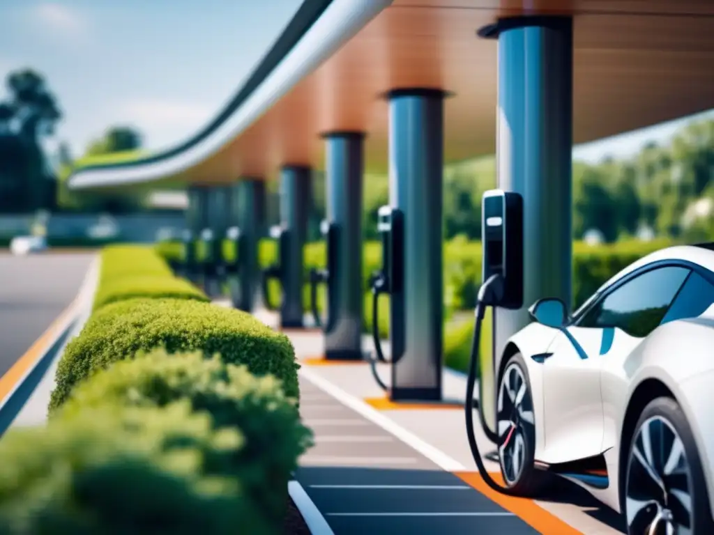 Una estación de carga de autos eléctricos modernos rodeada de vegetación exuberante y cielos limpios