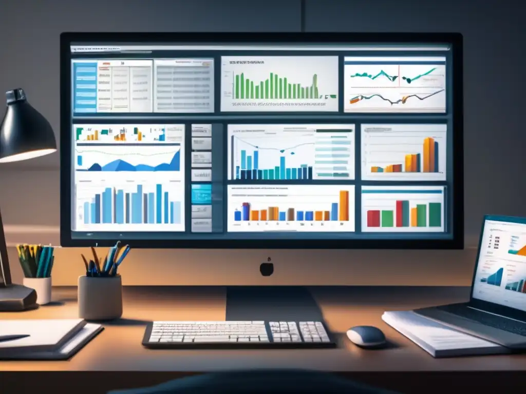 Un estadístico profesional, rodeado de herramientas de interpretación de datos, se concentra en su monitor