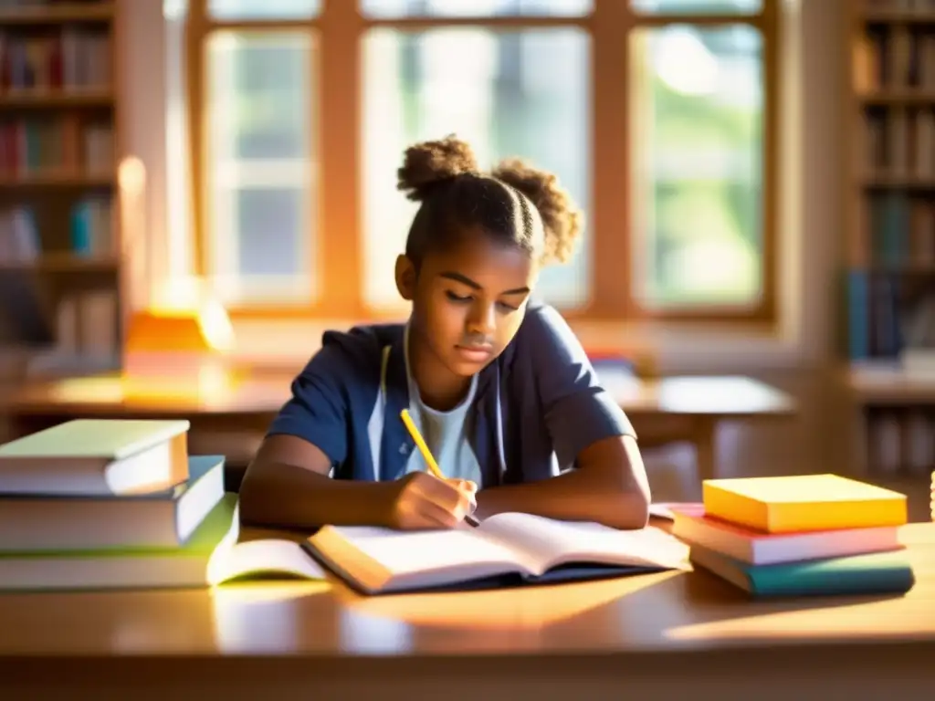 Un estudiante adolescente se sumerge en sus estudios rodeado de libros y apuntes, iluminado por la suave luz natural