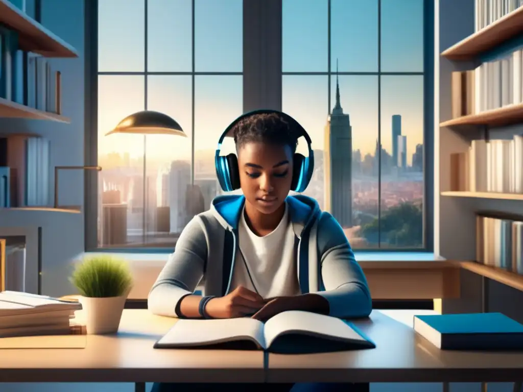 Un estudiante concentrado en su escritorio moderno, rodeado de libros y tecnología, aprende mientras la luz natural inunda el espacio
