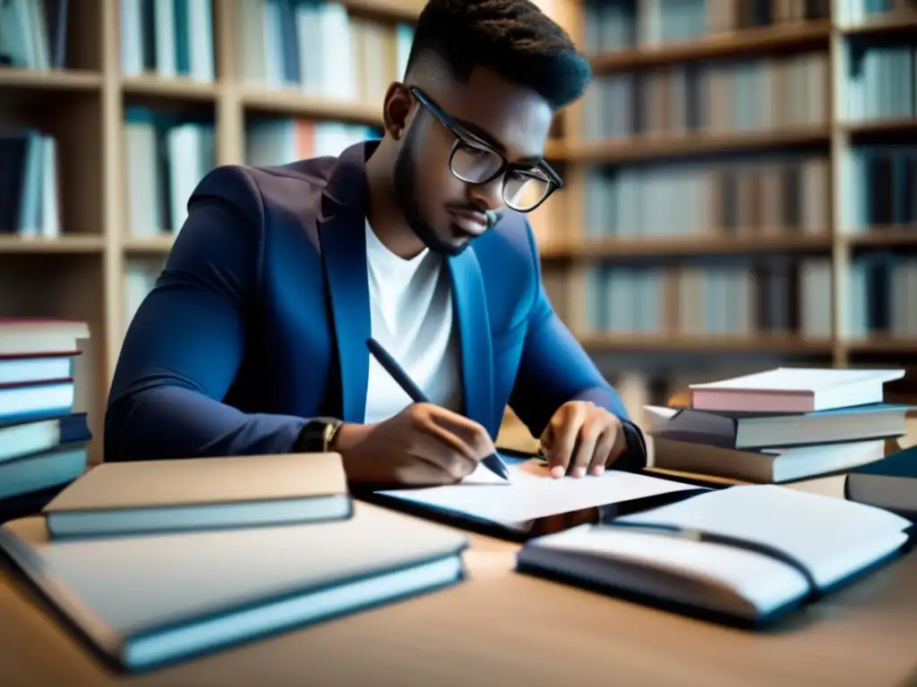 Un estudiante concentrado en sus estudios, rodeado de libros, papeles y una tableta de estudio especializada