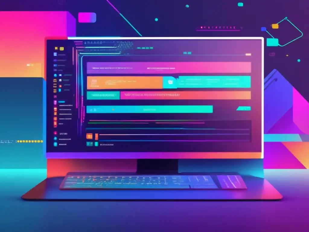 Un estudiante concentrado utiliza herramientas interactivas para aprender programación en una pantalla futurista y vibrante