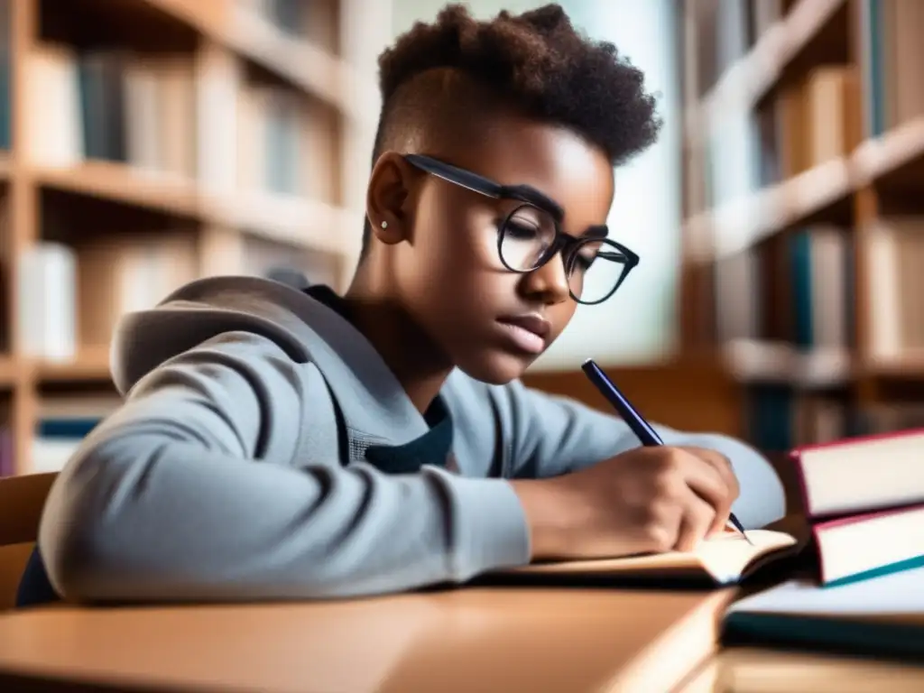 Un estudiante concentrado rodeado de libros y materiales de estudio