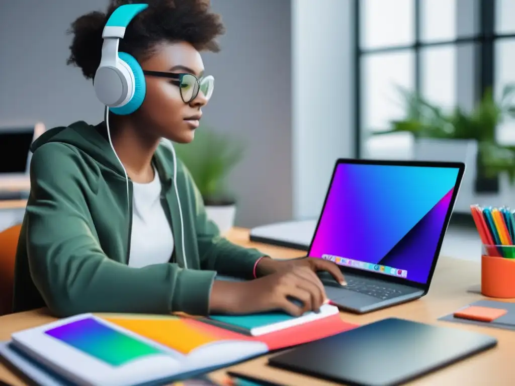 Estudio creativo: herramientas de diseño para estudiantes Un estudiante creativo se sumerge en su proceso de diseño gráfico en un escritorio minimalista rodeado de herramientas modernas