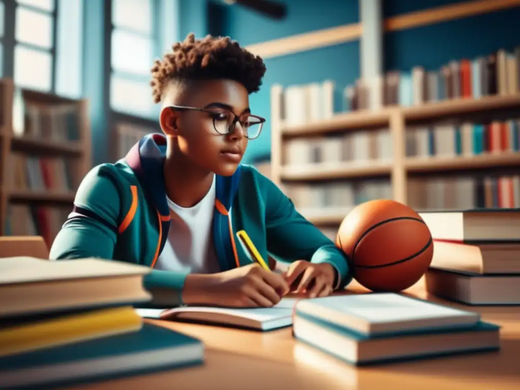 Un estudiante dedicado se ejercita mientras estudia, rodeado de libros y materiales educativos