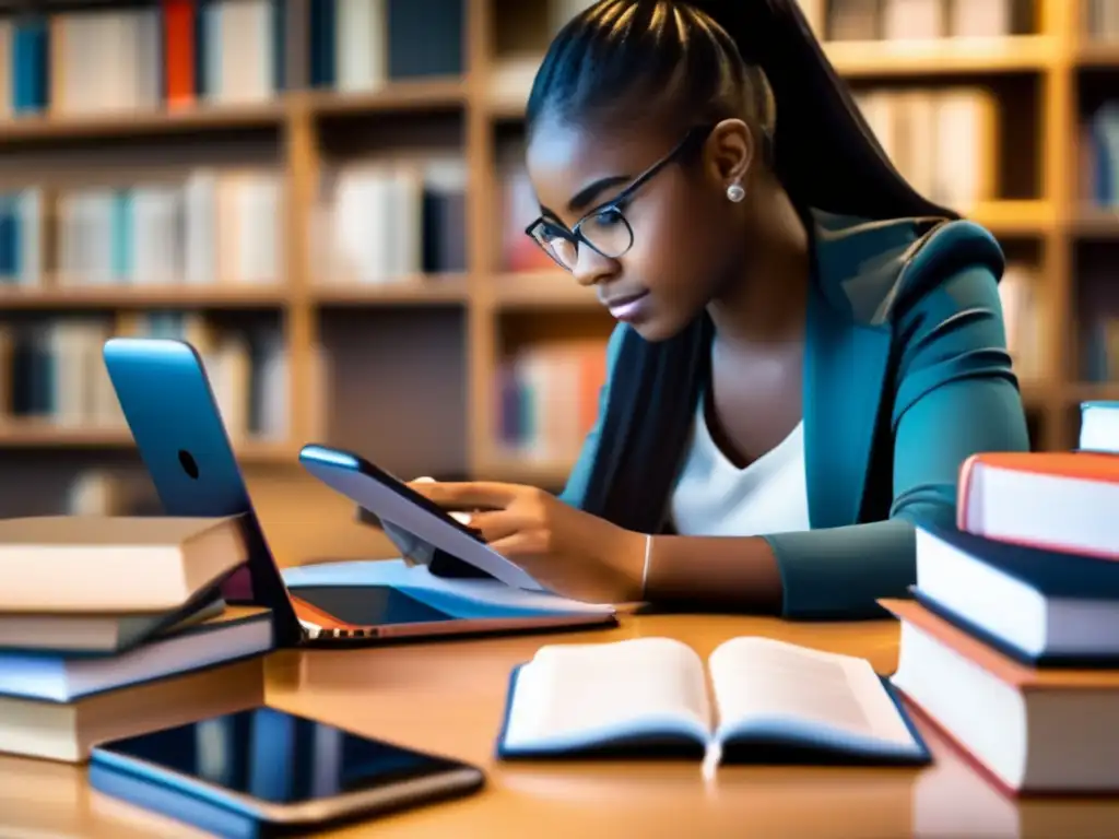 Un estudiante determinado rodeado de libros y materiales de estudio, utiliza una app de tutorías en su smartphone