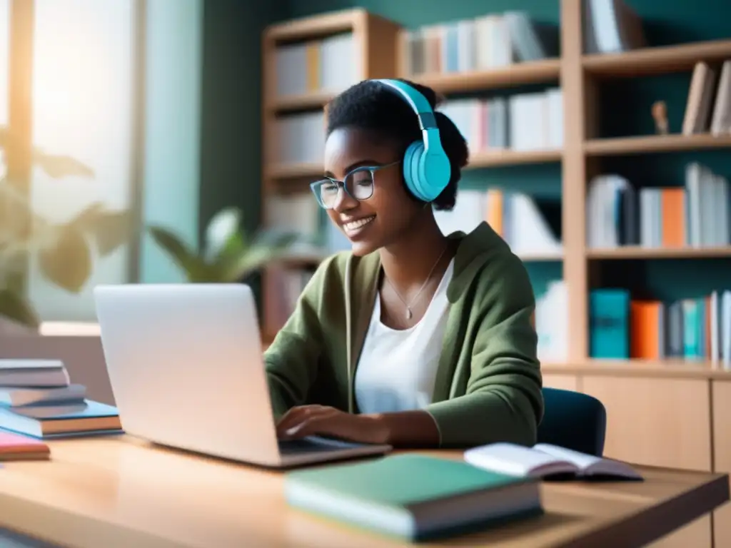 Un estudiante enfocado y tranquilo en su moderno espacio de estudio, rodeado de libros y tecnología