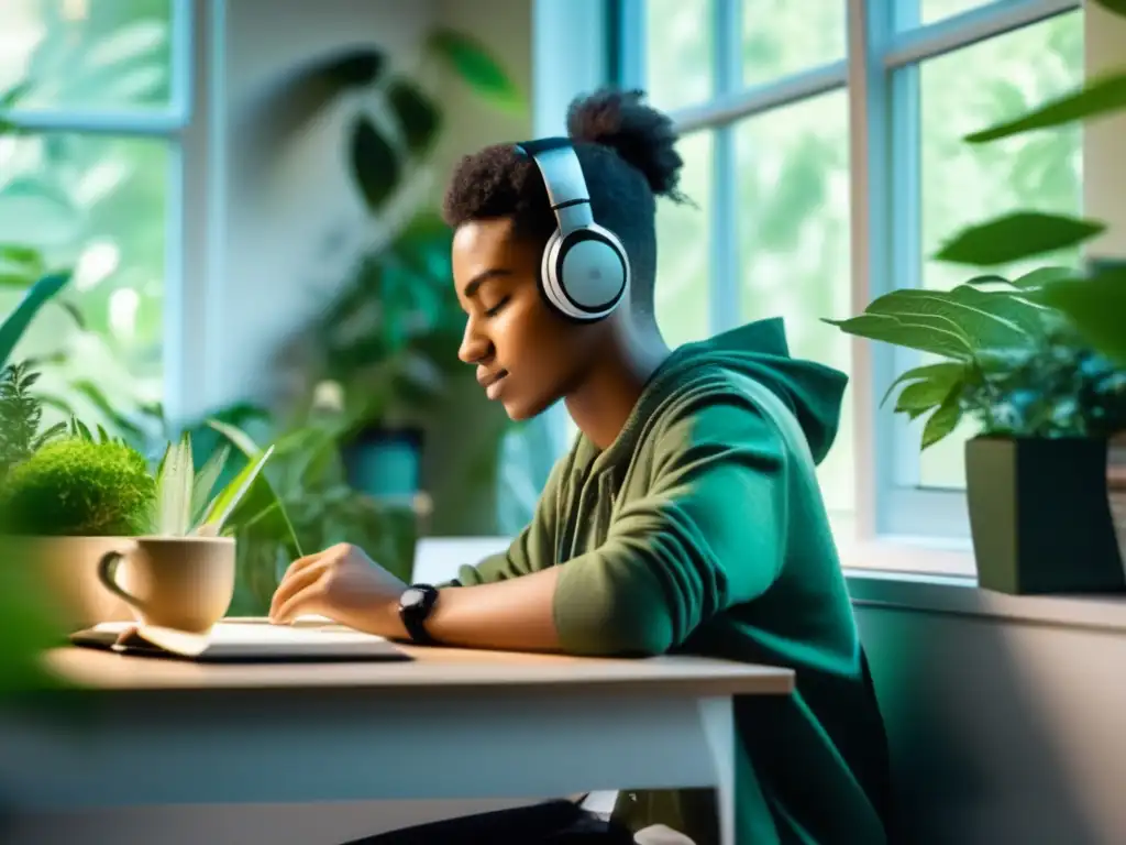 Un estudiante se encuentra en un entorno moderno y sereno, rodeado de plantas verdes y luz natural