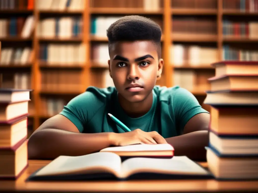 Un estudiante se concentra en su escritorio rodeado de libros y materiales de estudio