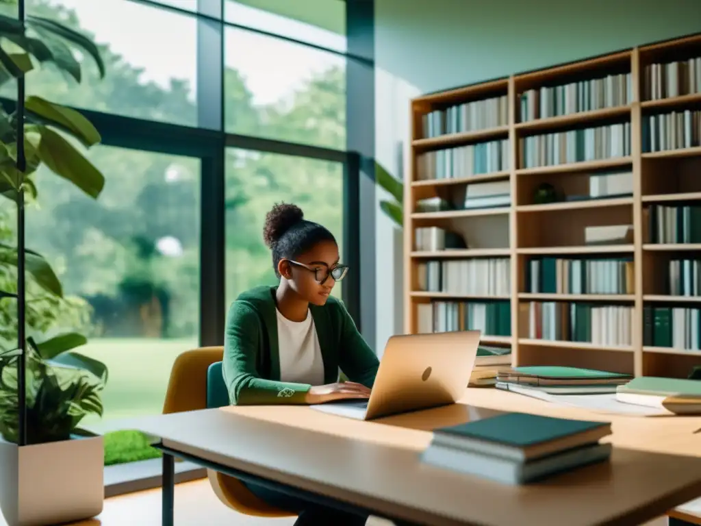 Un estudiante se sumerge en sus estudios en una moderna sala de estudio, rodeado de libros y materiales organizados