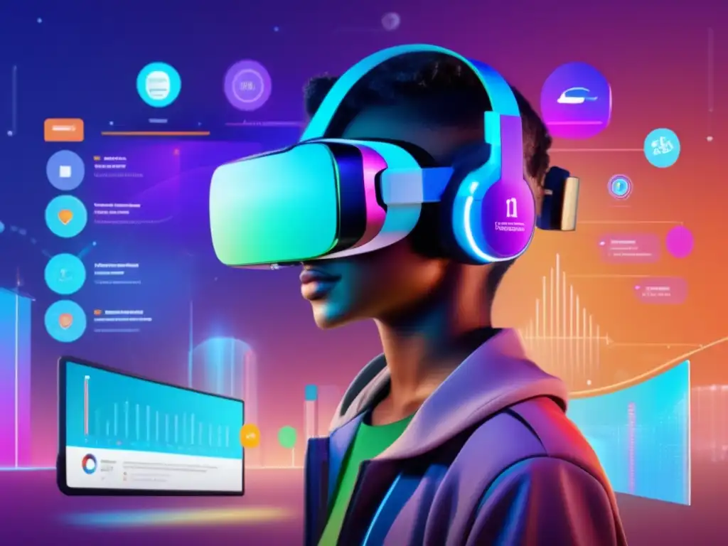 Inmersión educativa: La revolución de la realidad virtual en la educación Un estudiante inmerso en un ambiente de realidad virtual, rodeado de una interfaz holográfica
