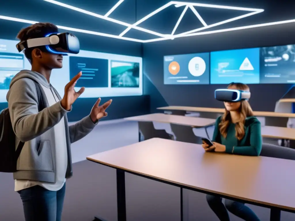 Estudiante inmerso en un aula futurista con realidad aumentada Un estudiante inmerso en una experiencia de realidad virtual y aumentada en un aula futurista