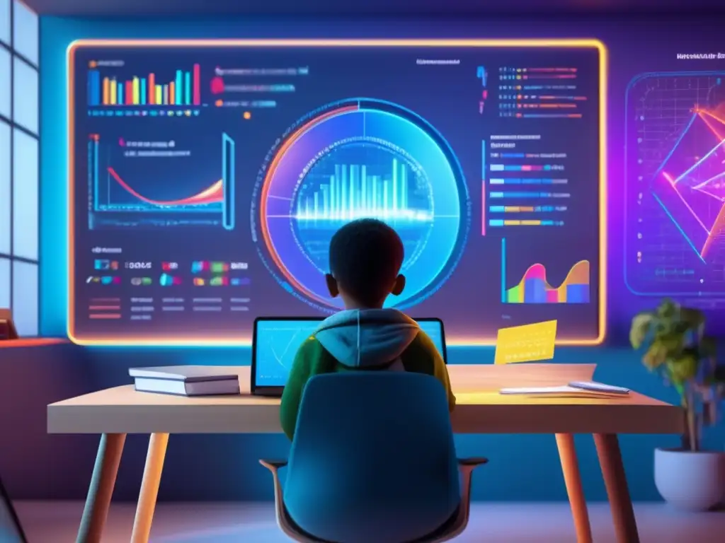 Un estudiante inmerso en el mundo de las matemáticas visuales, rodeado de gráficos y ecuaciones proyectadas en una habitación iluminada