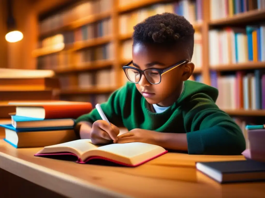 Un estudiante joven se sumerge en la lectura, rodeado de libros y material de estudio