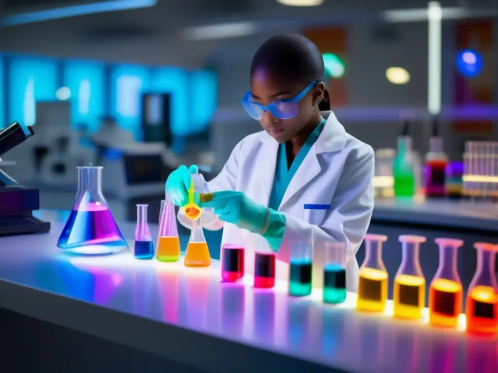 Un estudiante lleva puesto un abrigo de laboratorio blanco en un moderno laboratorio científico, rodeado de equipos de última generación y tecnología