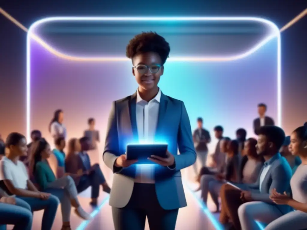 Un estudiante seguro en un escenario virtual rodeado de un público holográfico