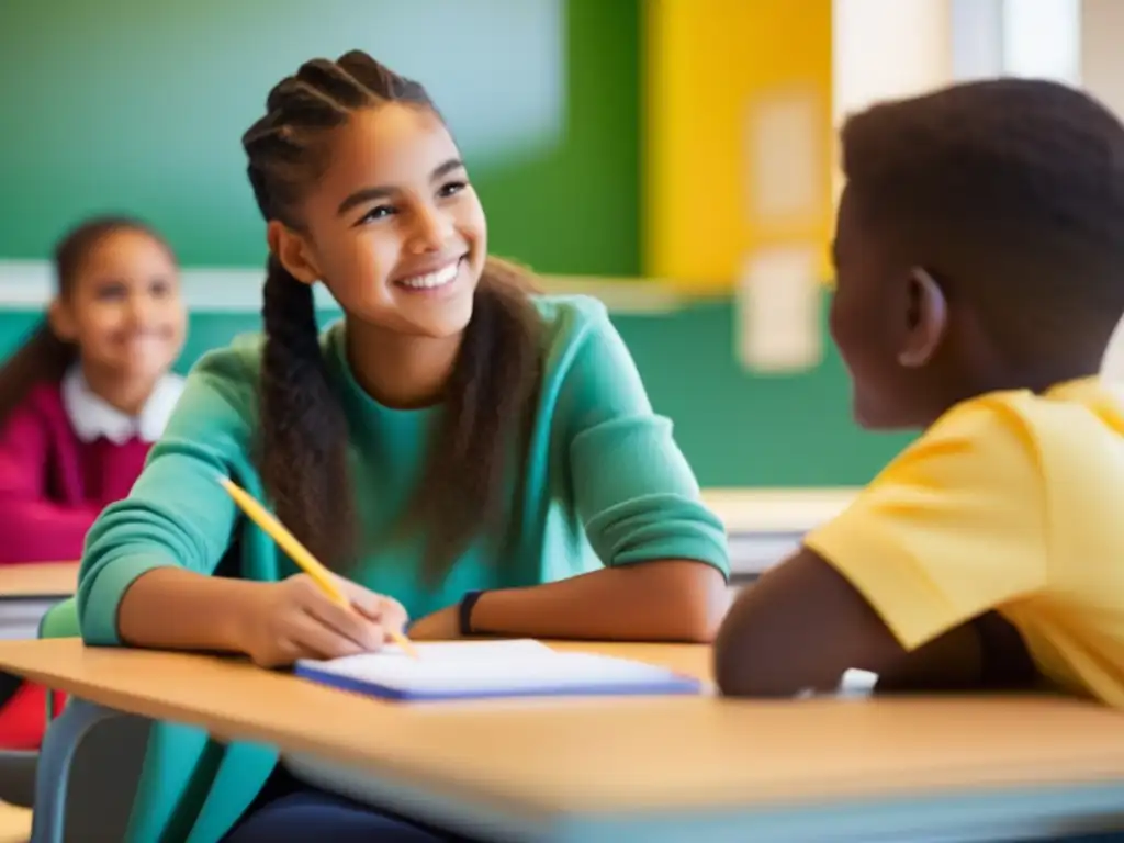 Un estudiante sonriente y un tutor especializado conversan en un aula moderna y luminosa