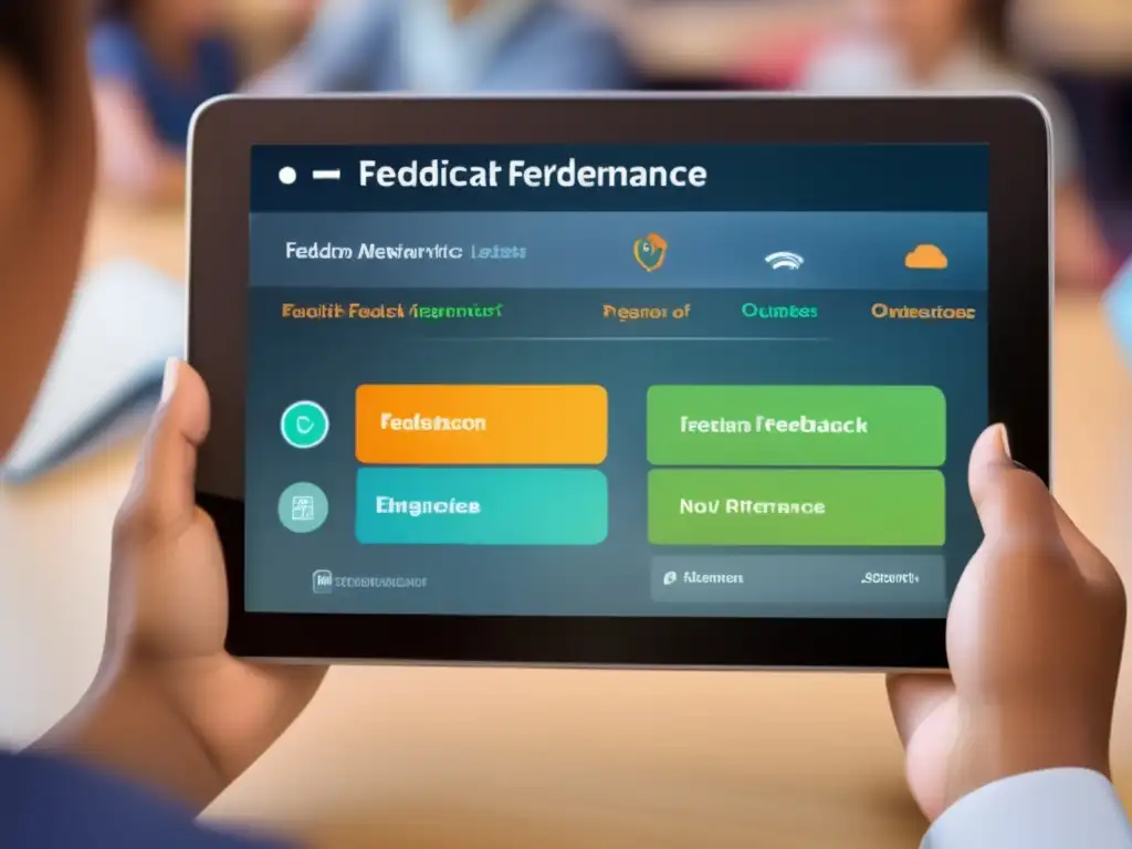 Un estudiante sostiene una tableta con una interfaz de retroalimentación digital