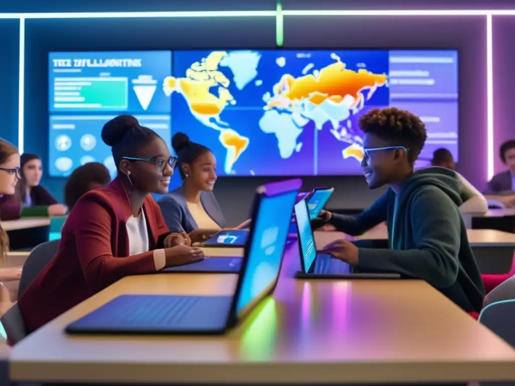 Descubre el futuro de la educación: estudiantes colaborando con tecnología avanzada y análisis de datos Estudiantes colaborando en un aula tecnológica, con análisis predictivo y visualizaciones coloridas en pantallas