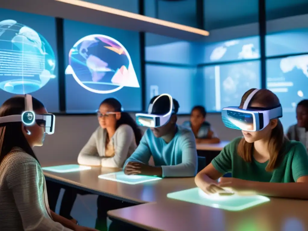 Estudiantes inmersos en la Realidad Aumentada educativa, rodeados de hologramas interactivos y tecnología avanzada