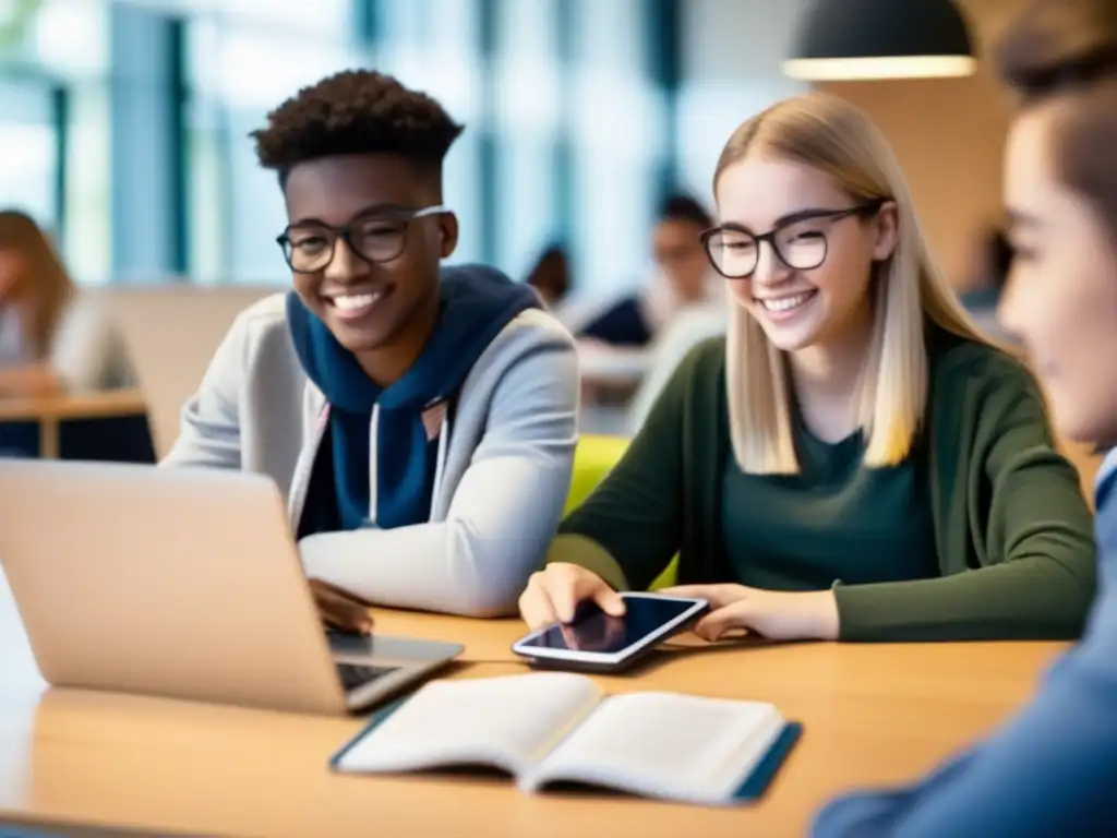 Estudio colaborativo: Aprendizaje en equipo para el éxito Dos estudiantes se sientan juntos en un moderno y bien iluminado espacio de estudio, colaborando en una tutoría personalizada
