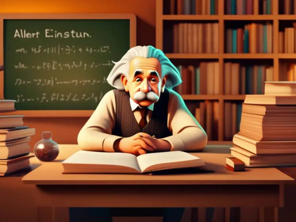 En el estudio de Albert Einstein, el genio está inmerso en complejas ecuaciones y diagramas, iluminado por una cálida lámpara de escritorio