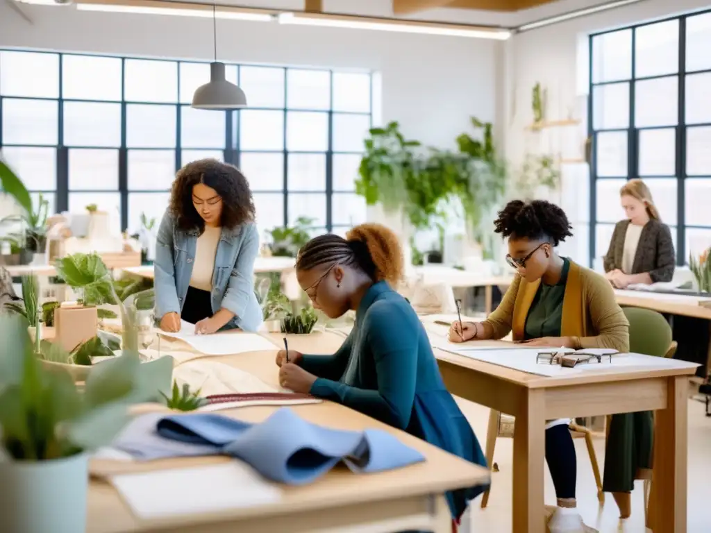 Un estudio luminoso y espacioso con estudiantes de moda trabajando en diseños sostenibles