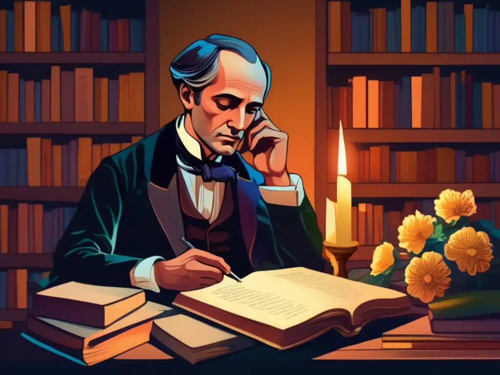 Charles Baudelaire reflexiona en su estudio, rodeado de libros y flores marchitas, en una atmósfera de simbolismo y melancolía