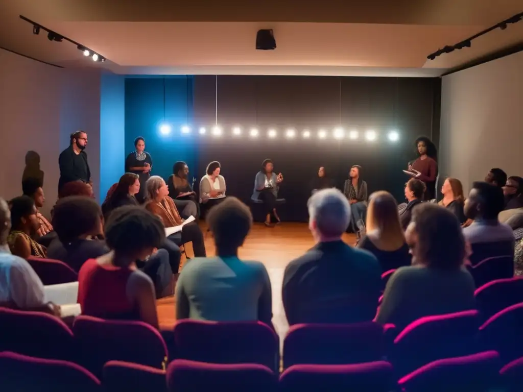 Un evento de lectura de poesía contemporánea en un espacio moderno y con iluminación atmosférica