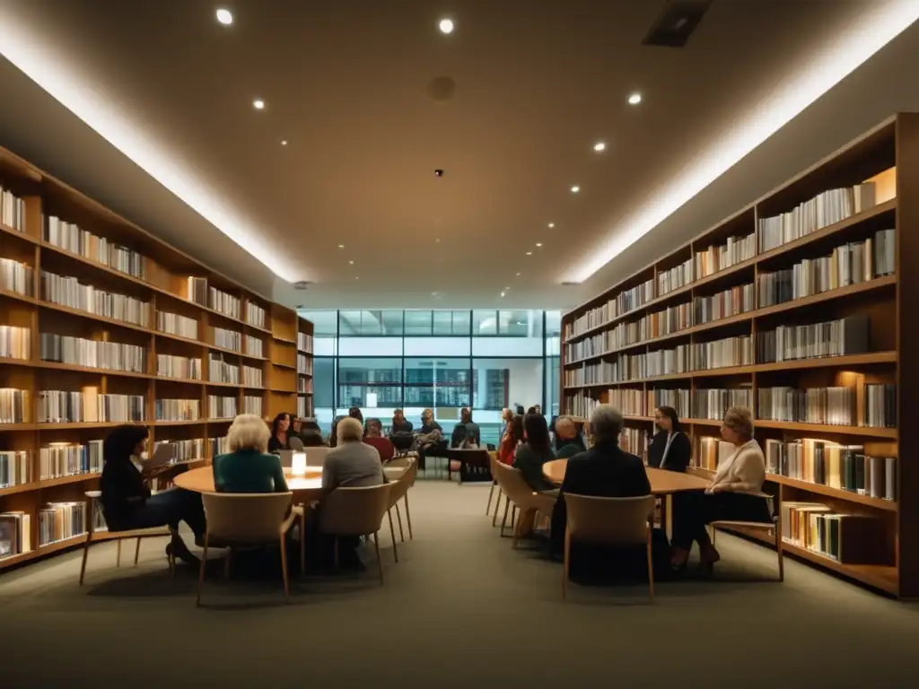 Un evento de lectura de poesía contemporánea en una biblioteca minimalista