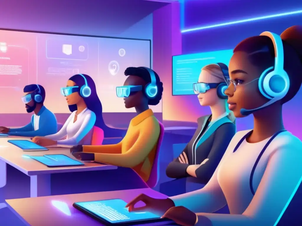 Experiencia de aprendizaje personalizada con IA en un aula futurista Experiencia futurista de tutorías de inteligencia artificial personalizadas: estudiantes colaboran con avatares en aulas avanzadas
