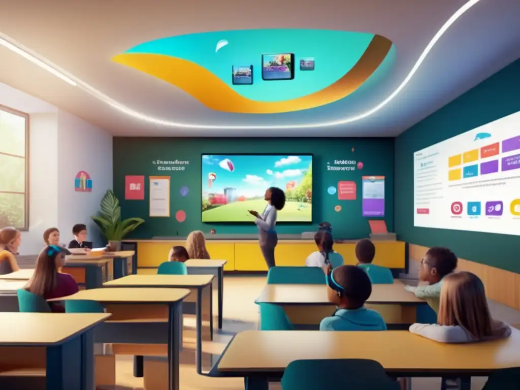 Experiencias de aprendizaje inmersivas con realidad aumentada: Una aula transformada por la tecnología, donde estudiantes entusiasmados exploran virtualmente y el docente guía con hologramas