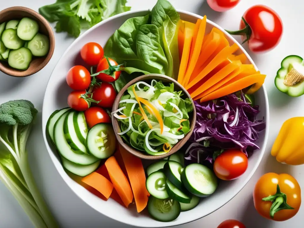 Una exquisita ensalada llena de color y frescura, destacando alternativas sostenibles al consumo de carne