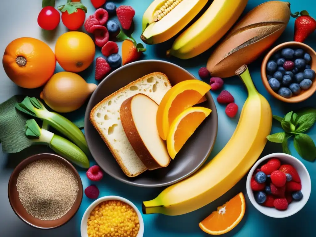 Un exquisito y colorido banquete de alimentos ricos en carbohidratos, como frutas, verduras y granos integrales