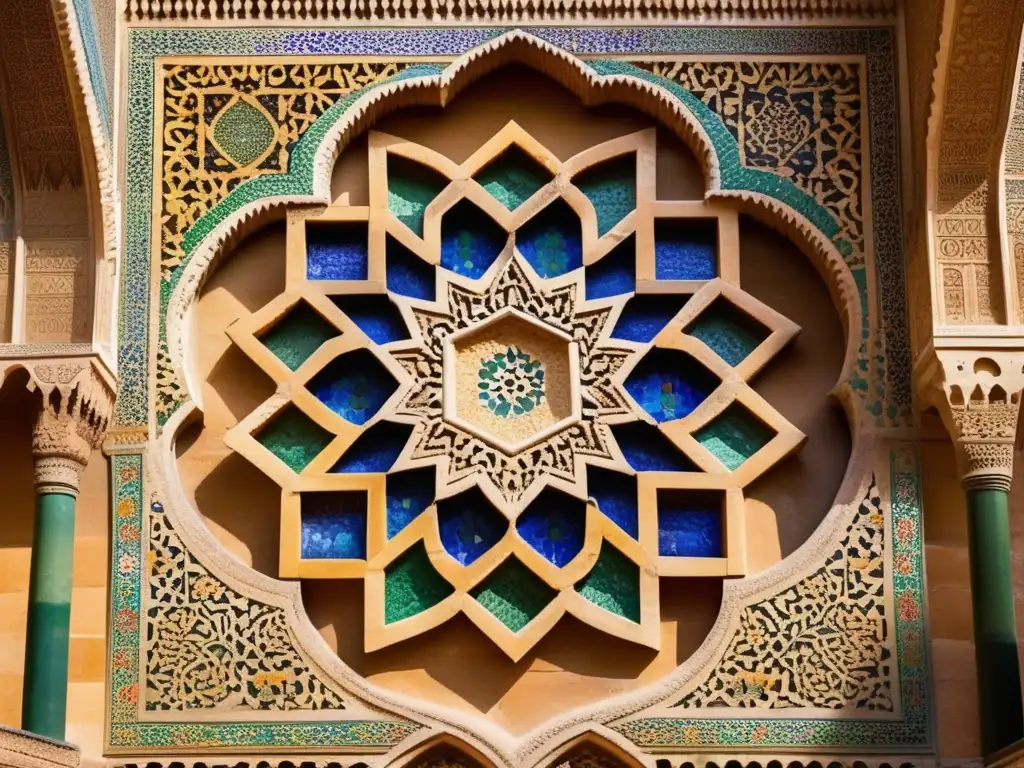 Exquisito mosaico geométrico en la Alhambra, Granada, reflejando la influencia del Islam medieval en la ciencia y cultura