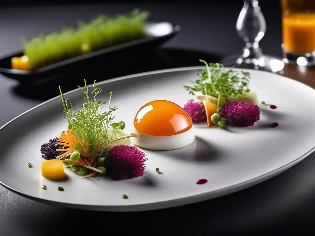 Un exquisito plato moderno europeo, con microgreens, salsas vibrantes y elementos artísticamente dispuestos