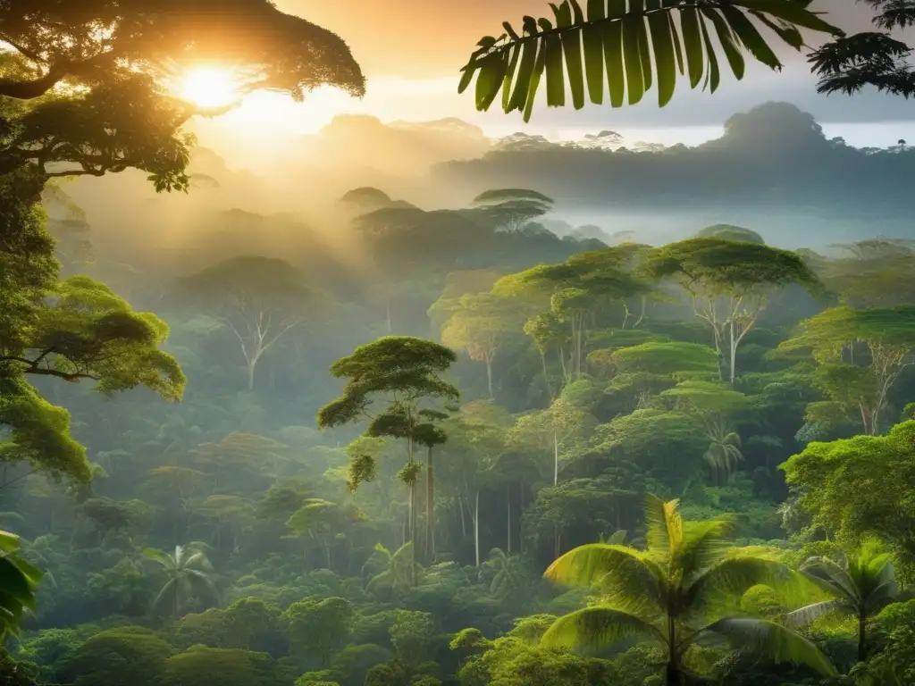 Un exuberante amanecer en la selva, con rayos de sol filtrándose entre la densa vegetación y bañando de oro el vibrante follaje