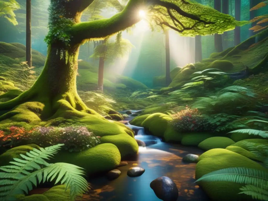 Un exuberante bosque lleno de vida y luz, donde la química orgánica ambiental revela sus beneficios en la naturaleza